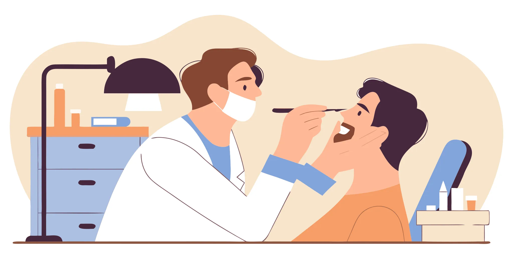A dental professional adjusting a custom oral appliance for a patient during a fitting appointment in a medical examination room.